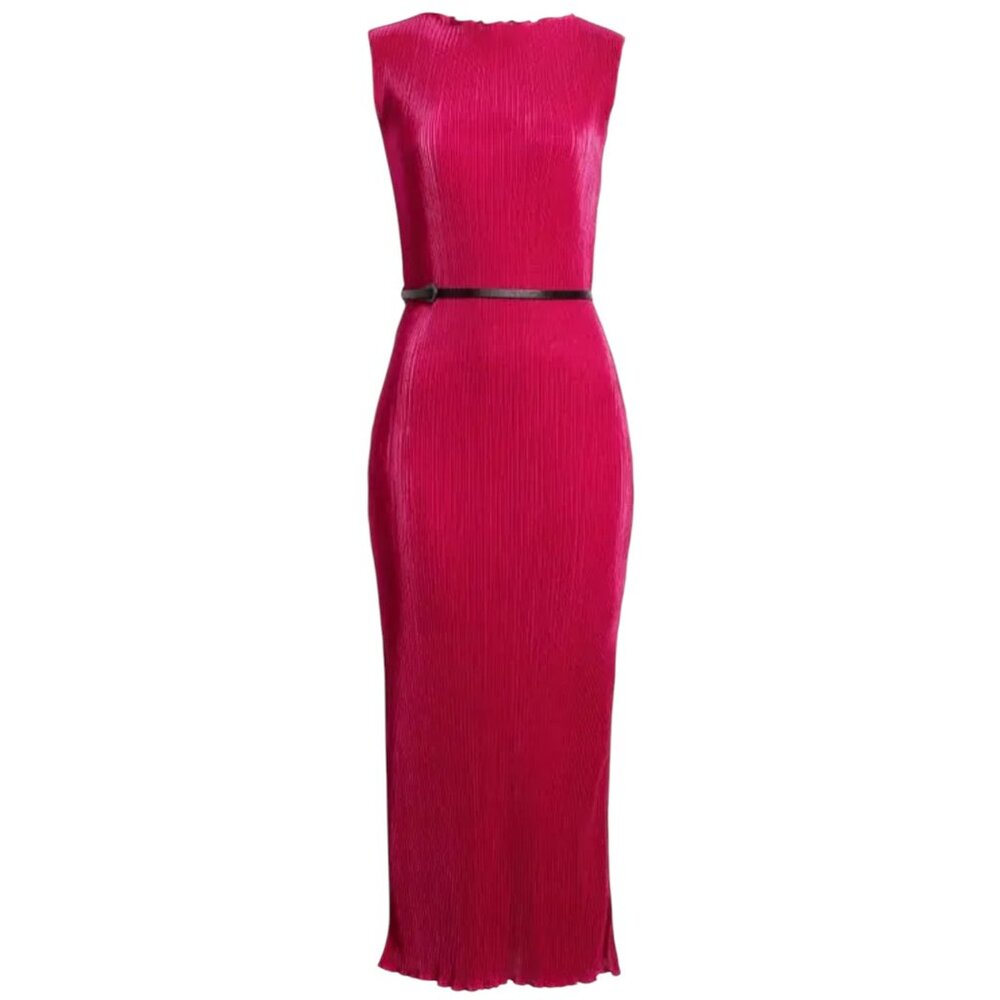 NWT Women's MELLODAY Cap Sleeve Belted‎ Plissé Dress Raspberry | Size M